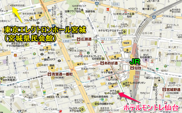 9ホテルモントレ仙台と東京エレクトロンホール宮城（仙台）の地図700435