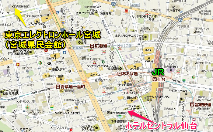 8ホテルセントラル仙台と東京エレクトロンホール宮城（仙台）の地図700435