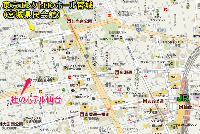 13杜のホテル仙台と東京エレクトロンホール宮城とＪＲ仙台駅の地図700469